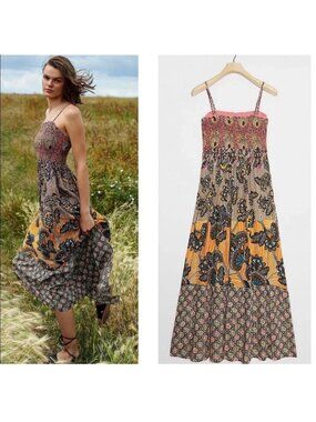 EUC By anthropologie jamila smocked maxi boho whimsy hippie womens size small s